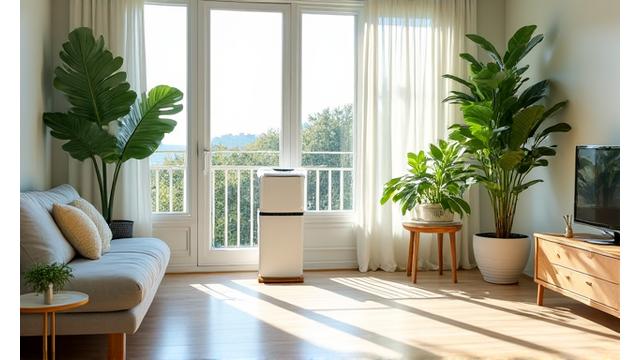 Air purifier running in a sunlit, clean apartment living room with fresh plants, emphasizing good indoor air quality.