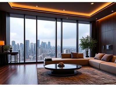 Luxurious penthouse apartment living space with city views